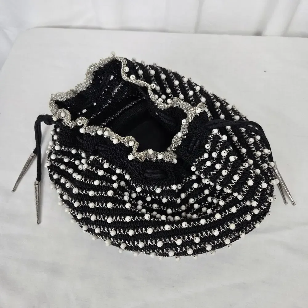 Vintage Drawstring Bag Mad Men 1950s Evening Purse Black Tie White Beaded Silver
